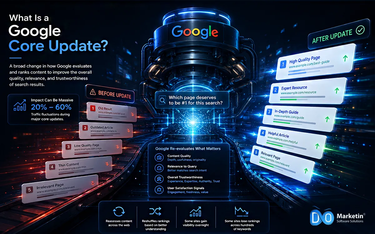 Illustration showing how Google Core Updates impact SEO rankings